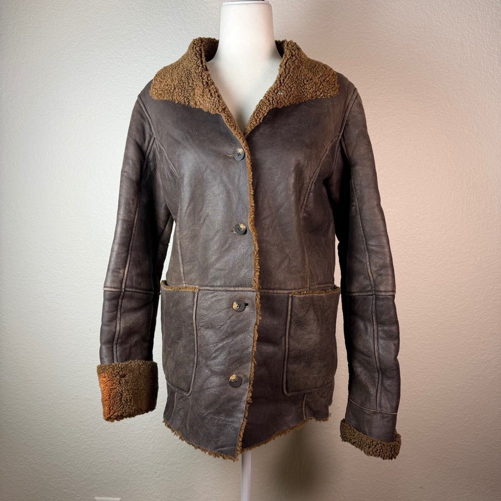 SUNDANCE Leather Fux shearling Jacket M Brown Western  Aviator Patch Old Money